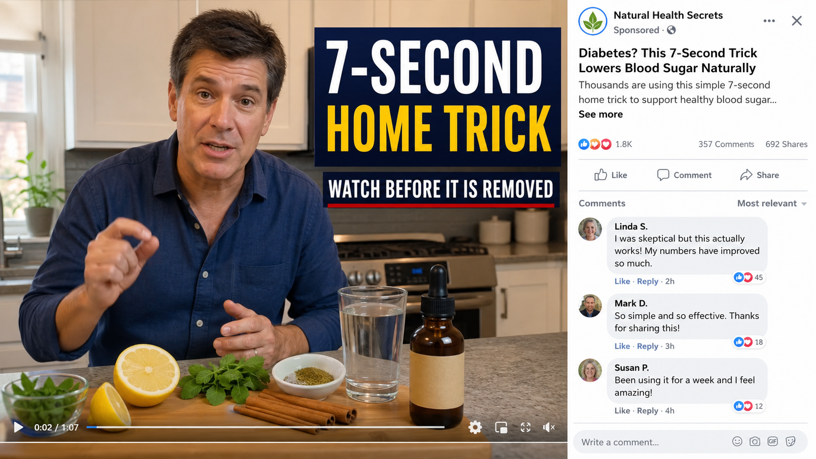 Realistic reconstruction of a 7-second home trick diabetes scam ad