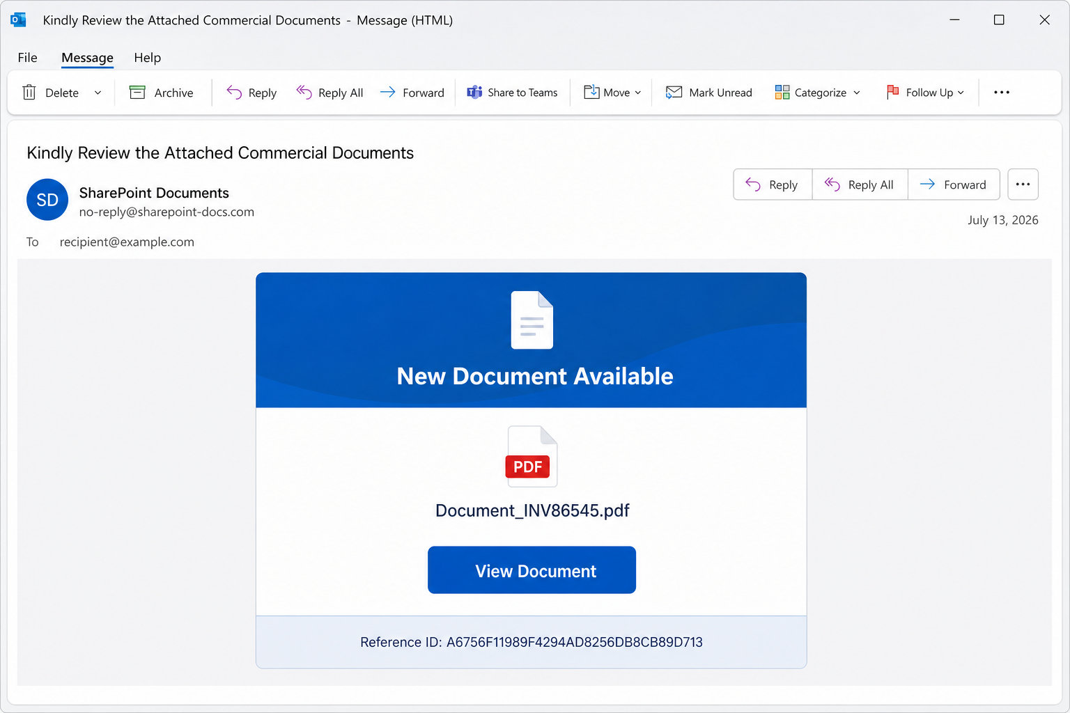 Reconstruction of a fake SharePoint workspace document email