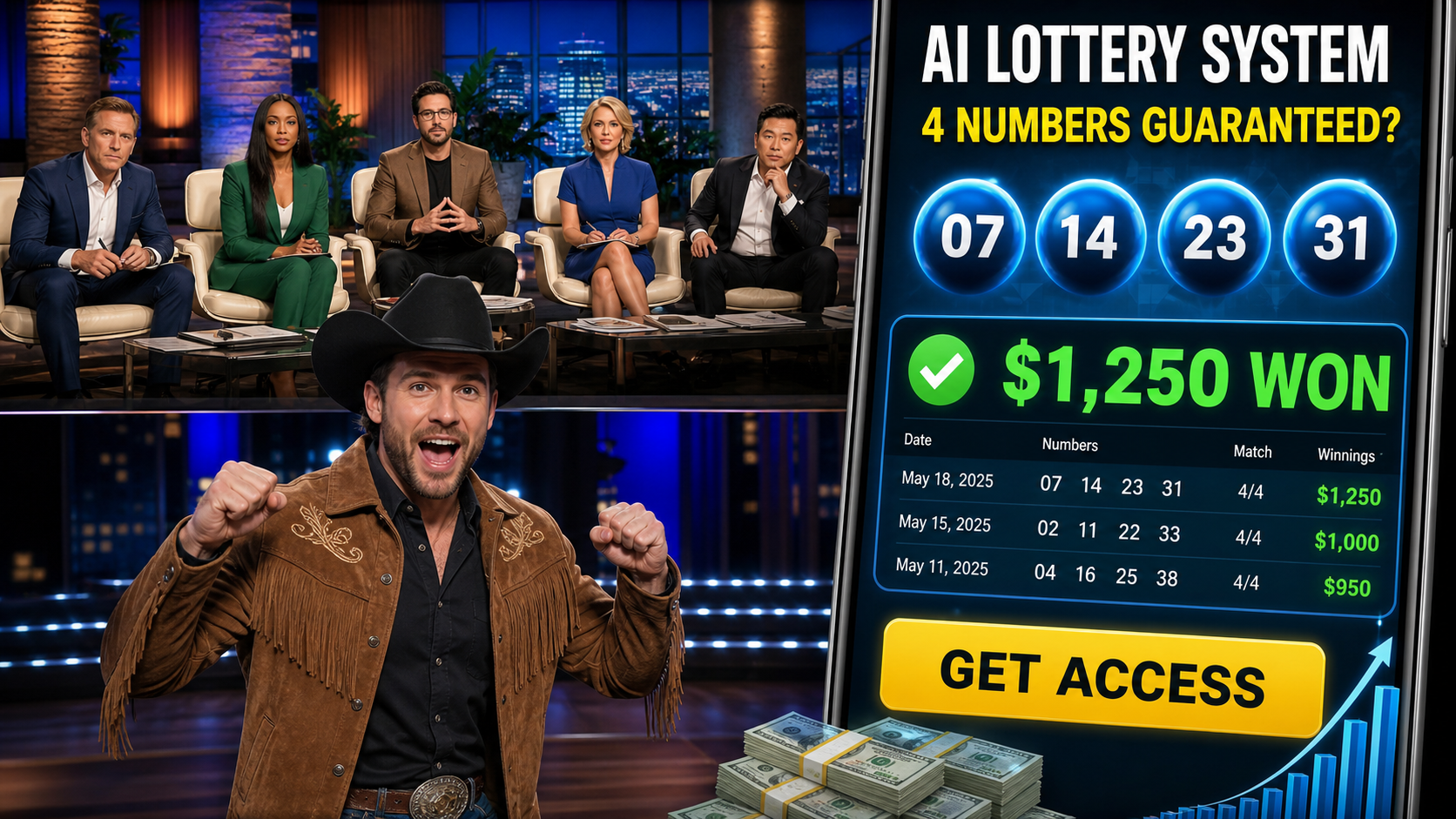 Reconstruction of a fake Shark Tank AI lottery system social media ad