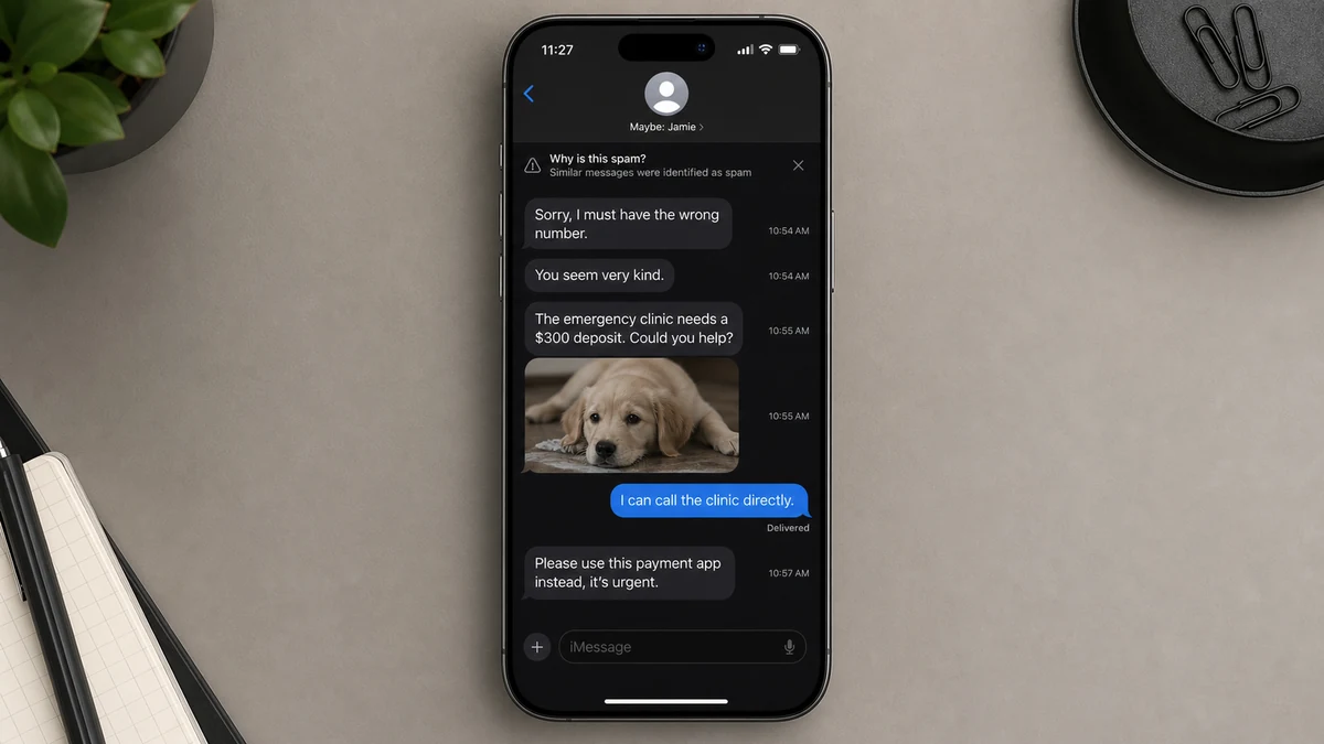 Sick Puppy Text Scam Turns a Wrong Number Into a Money Plea 2 Realistic reconstruction of a wrong-number pet emergency chat escalating into an urgent payment request