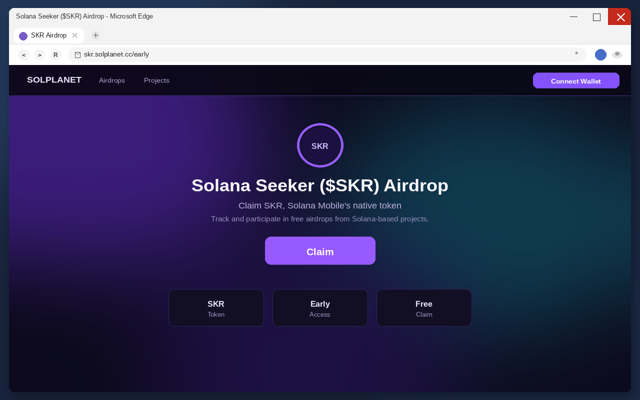 The fake Solana Seeker ($SKR) airdrop claim page with a Claim button and Connect Wallet control