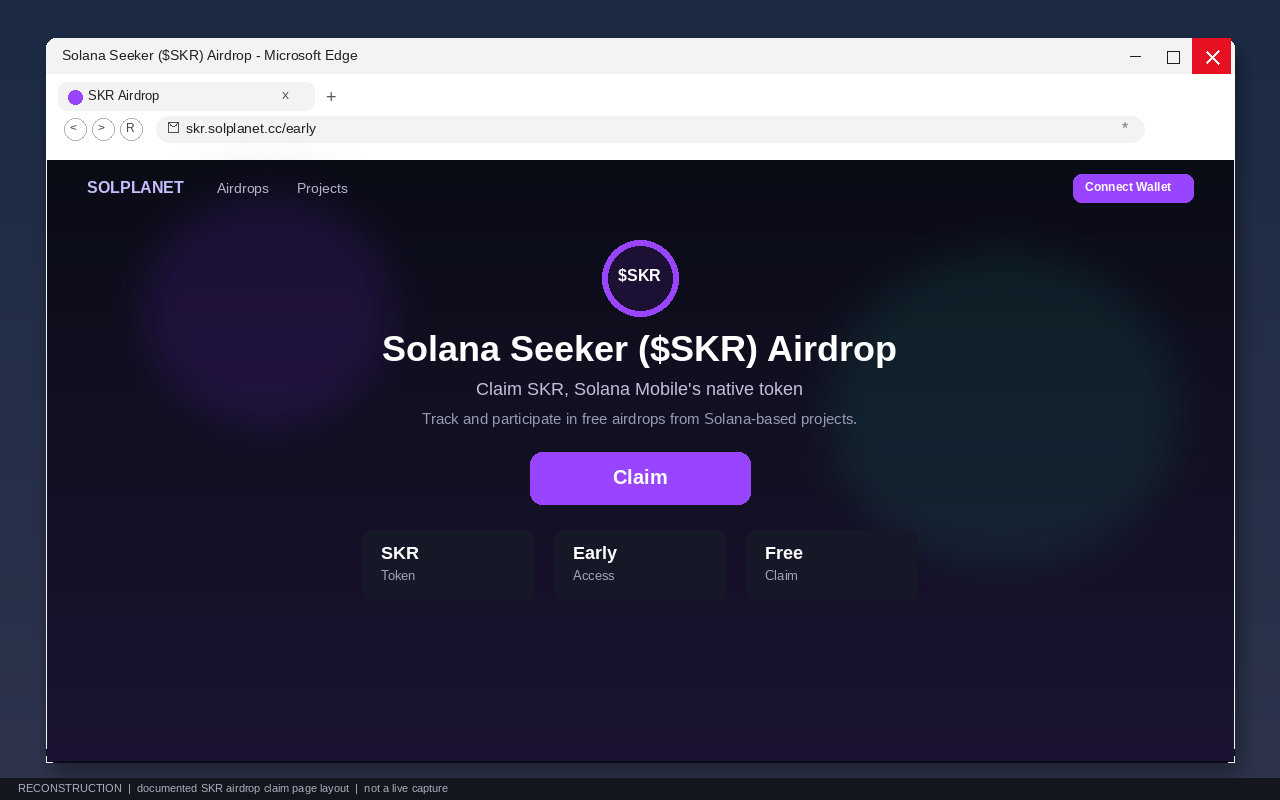 The fake Solana Seeker ($SKR) airdrop claim page with a Claim button and Connect Wallet control