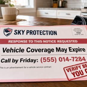 Example of an urgent Sky Protection vehicle service contract mailer