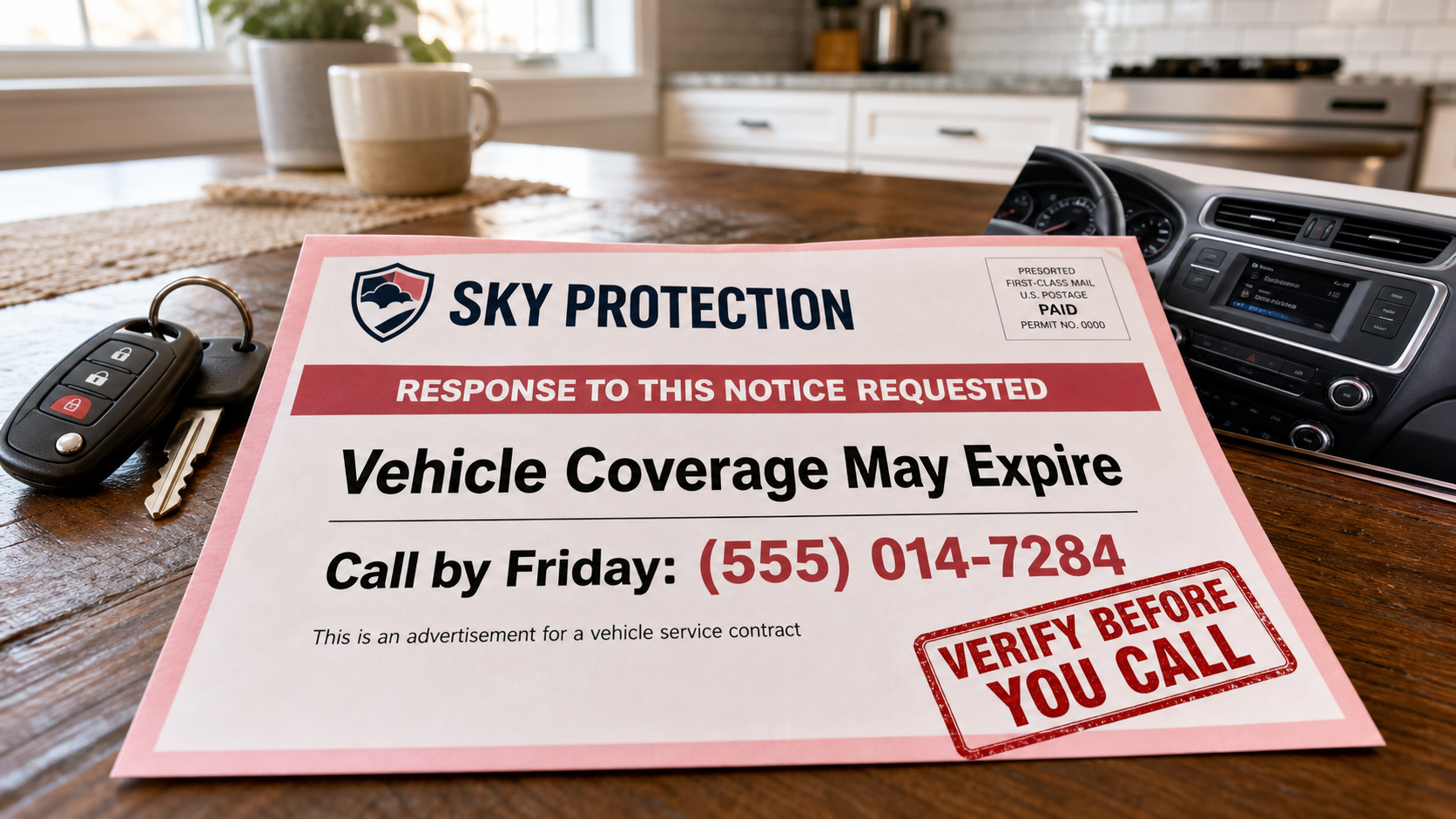 Sky Protection Scam Warning: Read This Before You Call 1 Example of an urgent Sky Protection vehicle service contract mailer