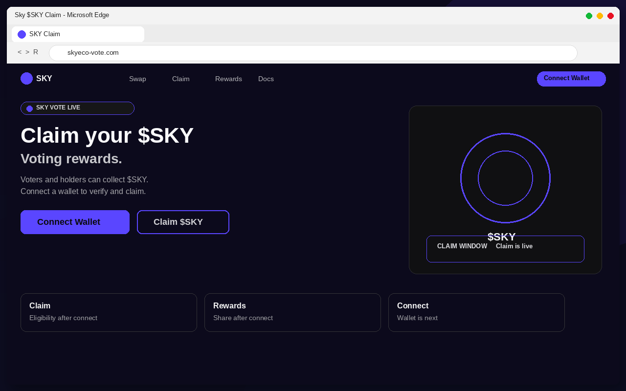 Fake Sky $SKY airdrop claim page with Connect Wallet