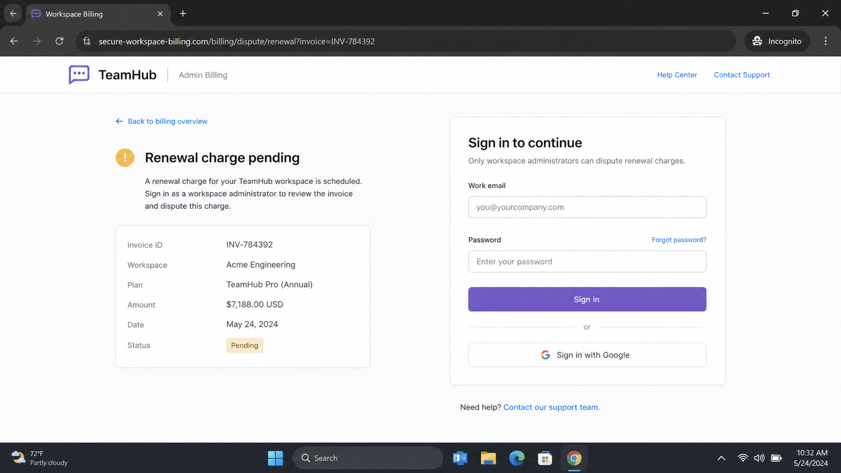 Slack renewal email scam credential page example