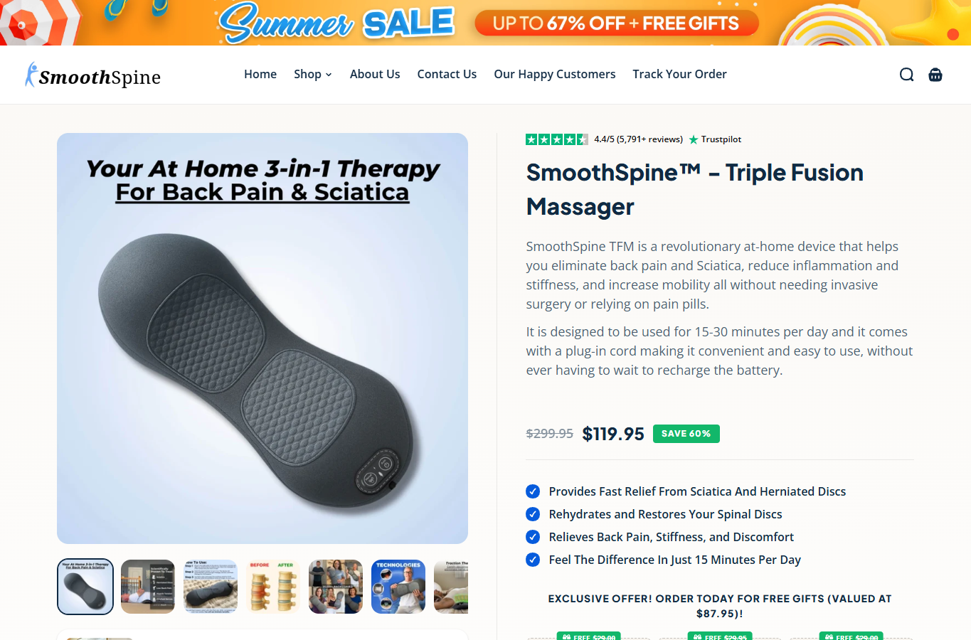 15-Minute Sciatica Fix Scam Hides a $39.95 Monthly Patch Subscription Trap 1 SmoothSpine sales page claiming a home massager relieves sciatica in 15 minutes