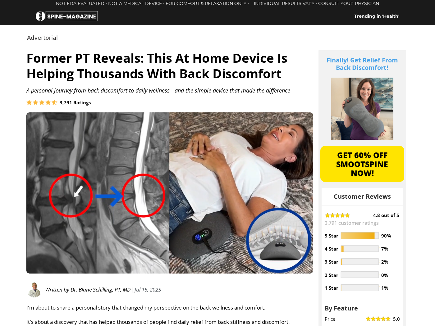 Beware the Triple-Fusion Back Massager Billing and Refund Trap Exposed 1 SmoothSpine advertorial promoting a triple-fusion back massager with medical-style claims