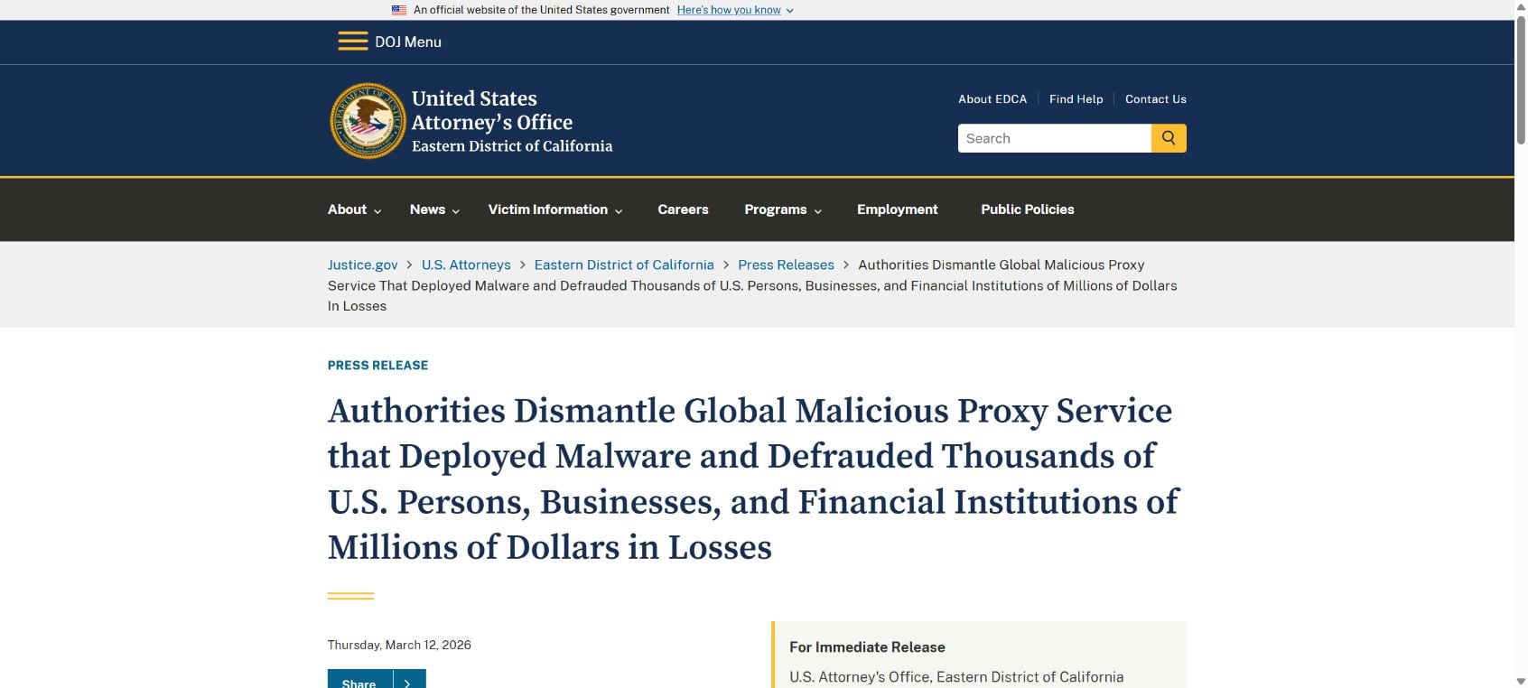 SocksEscort Proxy Malware Exposed: How Infected Routers Hid $1 Million Fraud 1 United States Department of Justice announcement about the SocksEscort proxy malware takedown