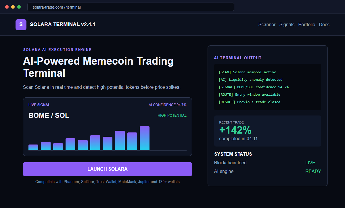 SOLARA AI Memecoin Trading Terminal Scam Could Drain Your Solana Wallet 1 Reconstruction of the fake SOLARA Terminal website showing an AI memecoin trading signal