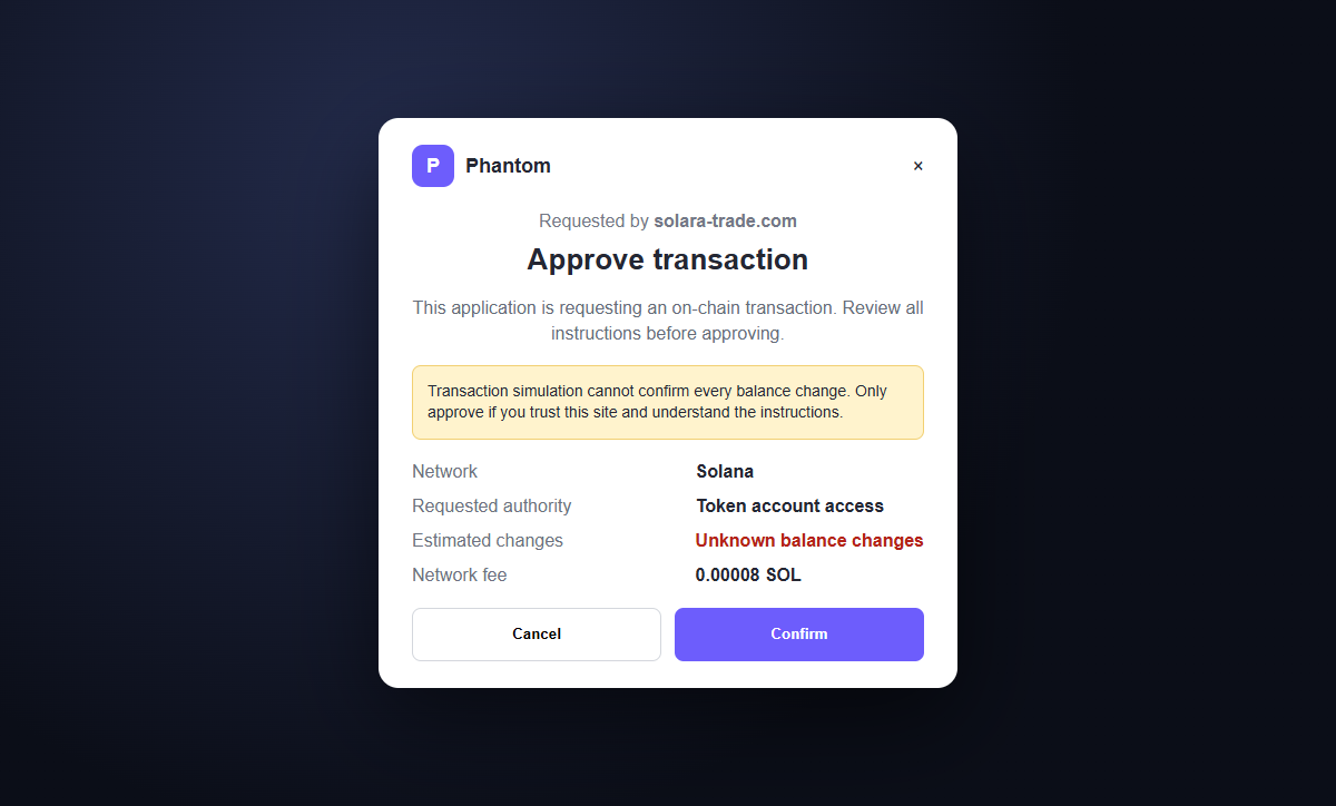 SOLARA AI Memecoin Trading Terminal Scam Could Drain Your Solana Wallet 2 Reconstruction of a Solana wallet approval request triggered by a fraudulent trading terminal