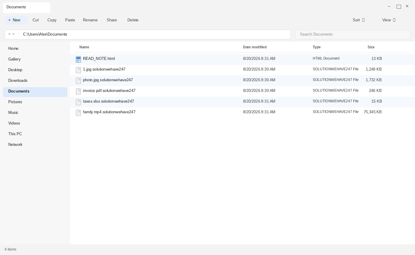 Encrypted files after SolutionWeHave. The .solutionwehave247 names and READ_NOTE.html are the tell.