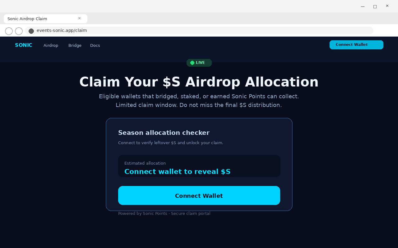 Fake Sonic airdrop claim page with Connect Wallet