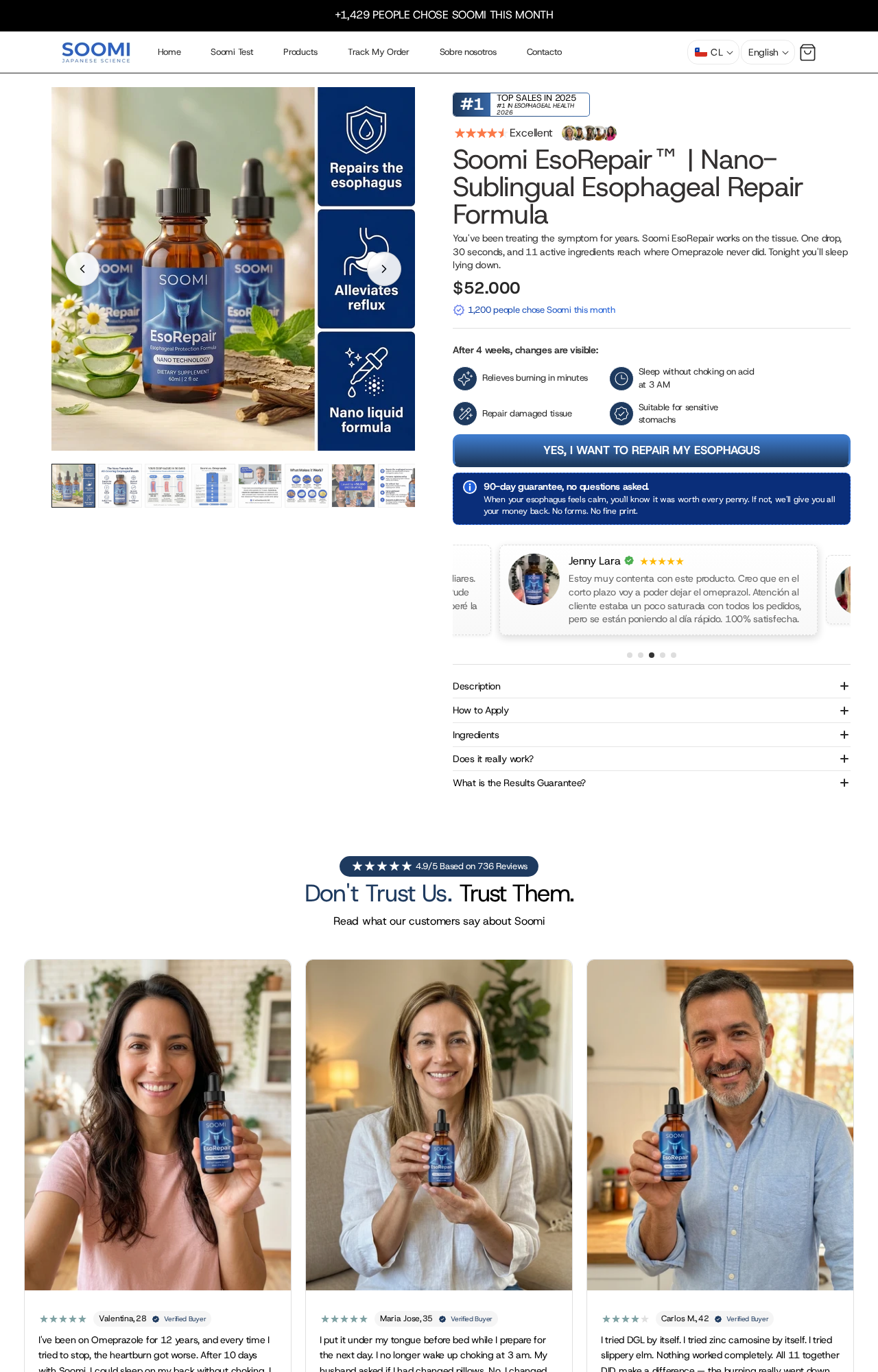 Soomi EsoRepair product page advertising a nano-sublingual esophageal repair formula