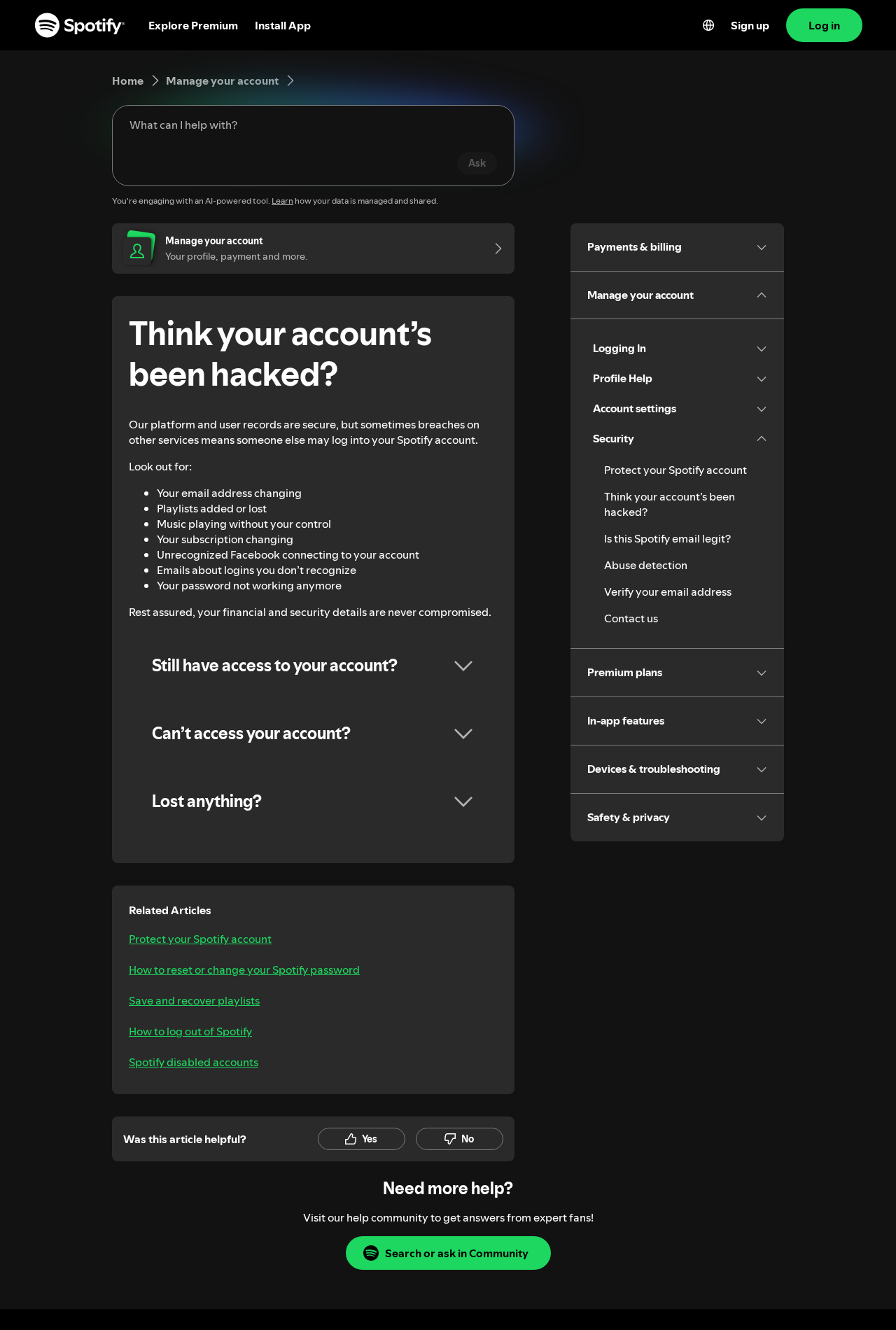 Official Spotify account security guidance for users who believe their account was compromised