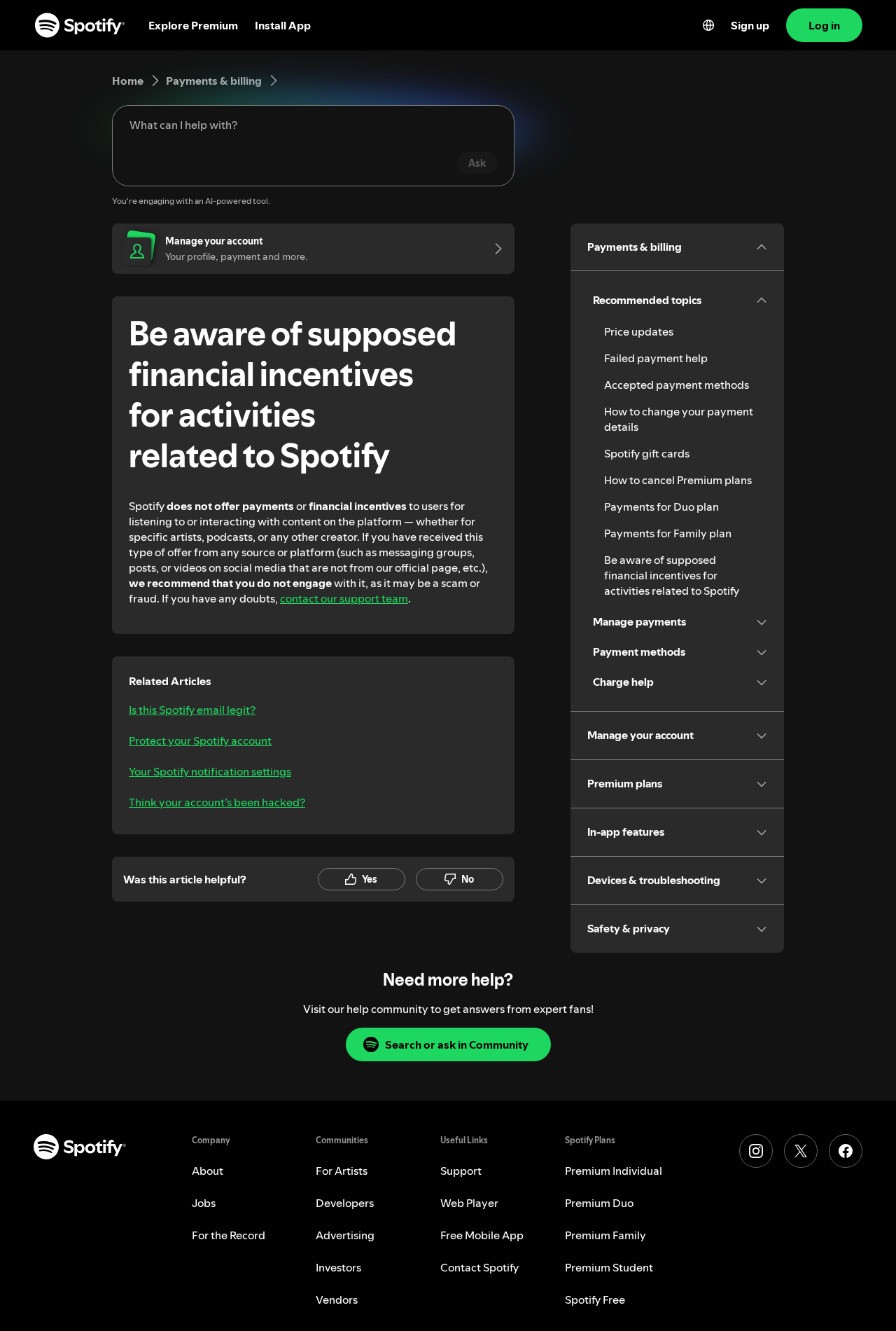 Official Spotify warning that it does not pay users for listening to or interacting with content