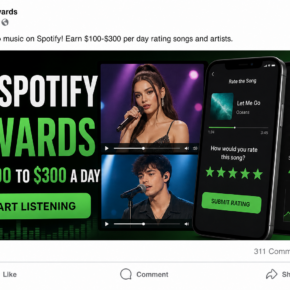 Realistic deceptive Facebook ad promising $100 to $300 a day through a fake Spotify Rewards listening job