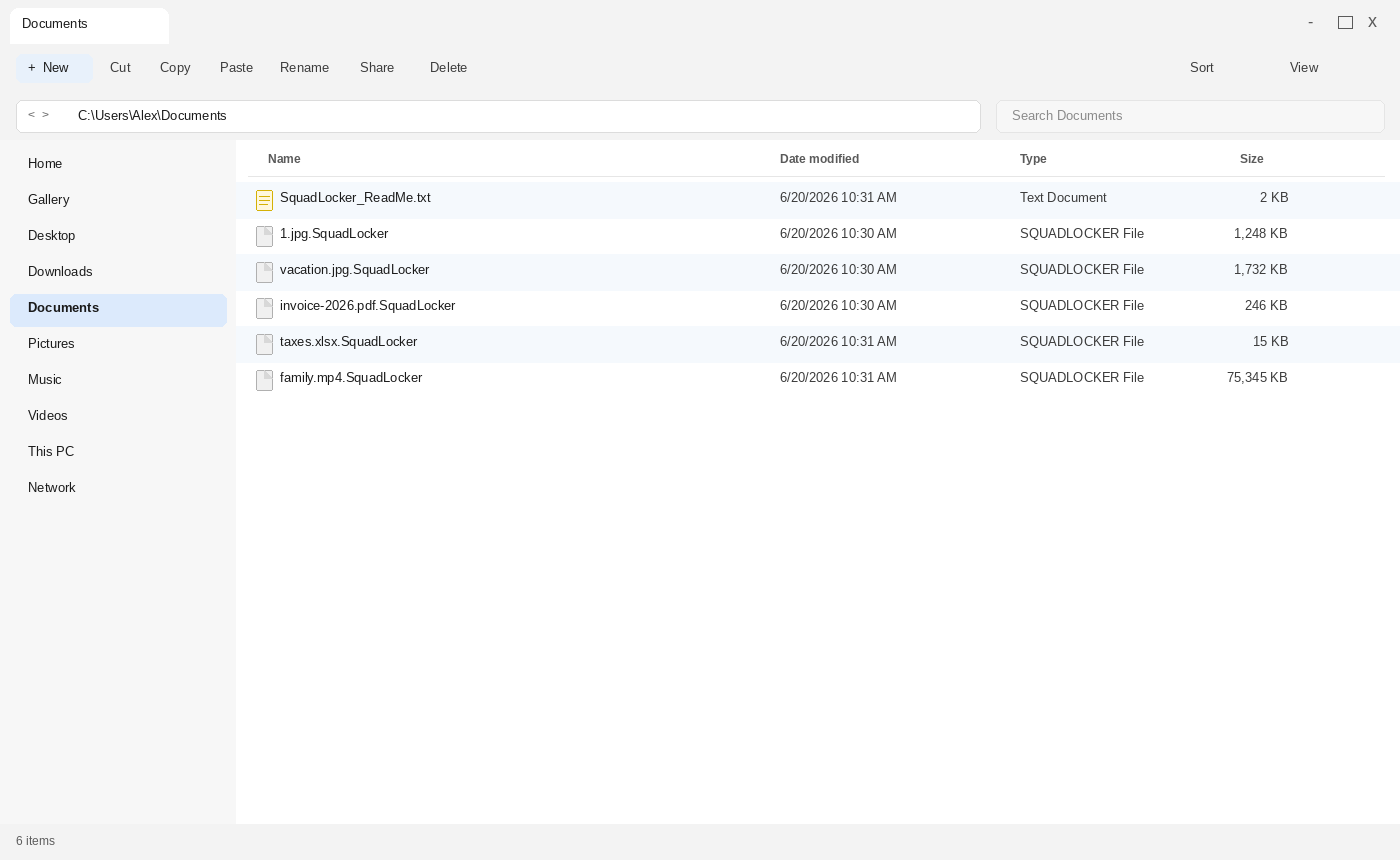 Encrypted files after SquadLocker. The .SquadLocker names and SquadLocker_ReadMe.txt are the tell.
