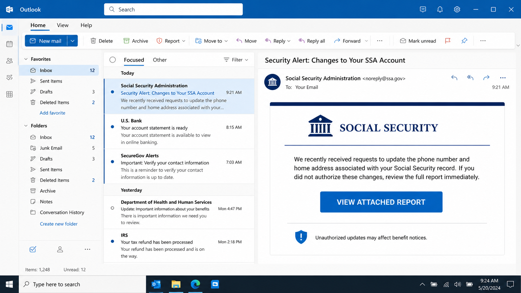 Reconstructed SSA Contact Information phishing email