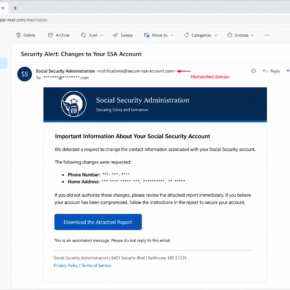 Fake Social Security Administration contact information change email with a suspicious sender domain