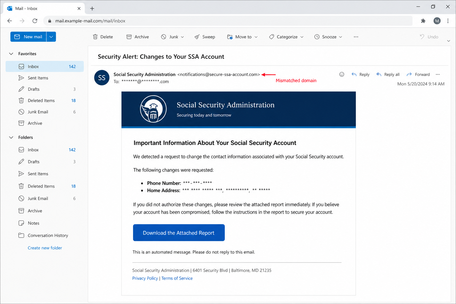 SSA Contact Information Email Scam: Fake Account Alert 1 Fake Social Security Administration contact information change email with a suspicious sender domain