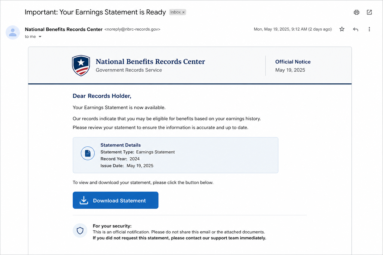 SSA annual earnings email deceptive email example