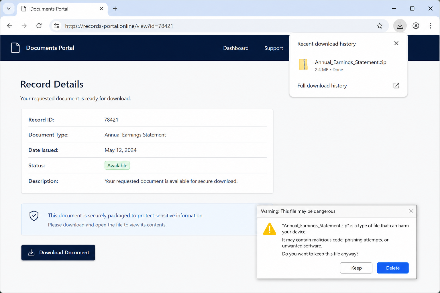 SSA annual earnings email malicious destination example