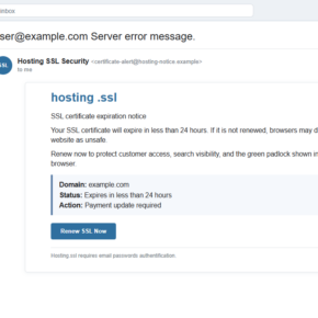 Reconstruction of an SSL certificate expiration phishing email warning of expiry within 24 hours