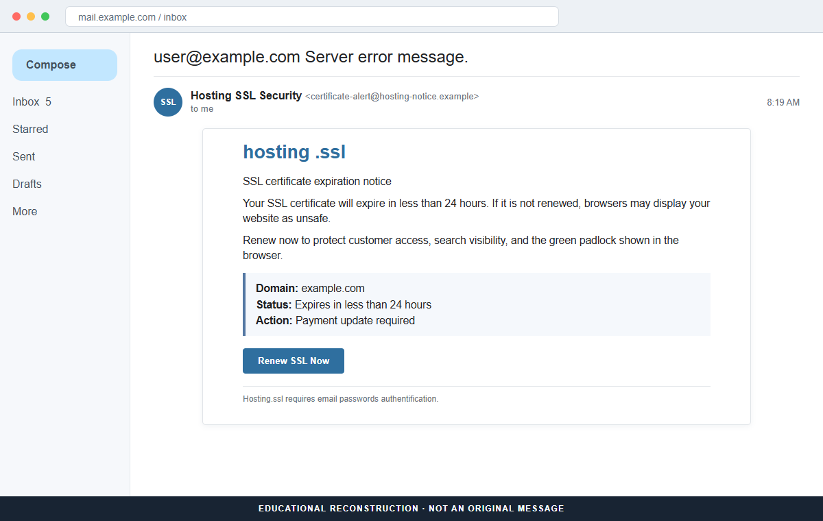 SSL Certificate Expiration Email Scam Steals Your Webmail Account Password 1 Reconstruction of an SSL certificate expiration phishing email warning of expiry within 24 hours