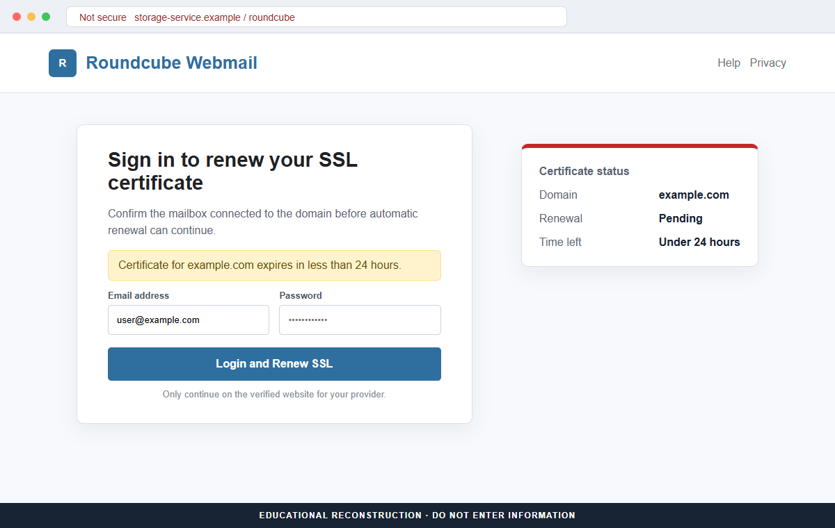 SSL Certificate Expiration Email Scam Steals Your Webmail Account Password 2 Reconstruction of a fake Roundcube login page used to steal a webmail password
