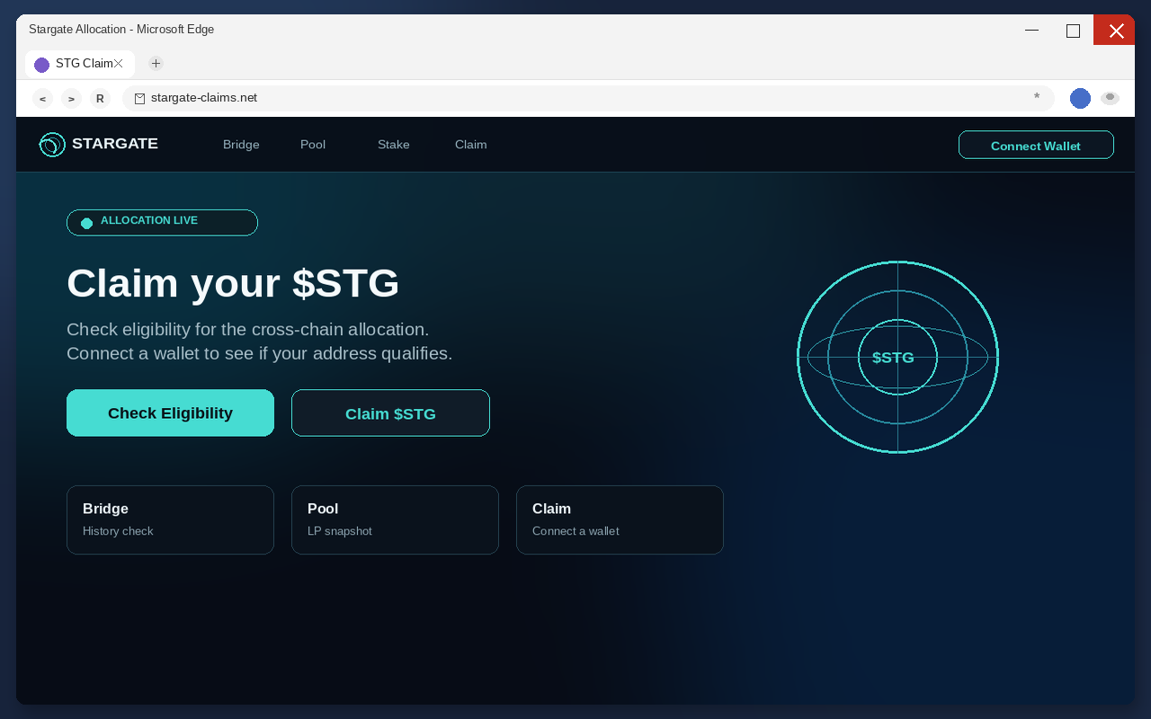 Stargate Airdrop EXPOSED: Fake $STG Claim Pages Drain Wallets 1 Fake Stargate airdrop claim page with Connect Wallet