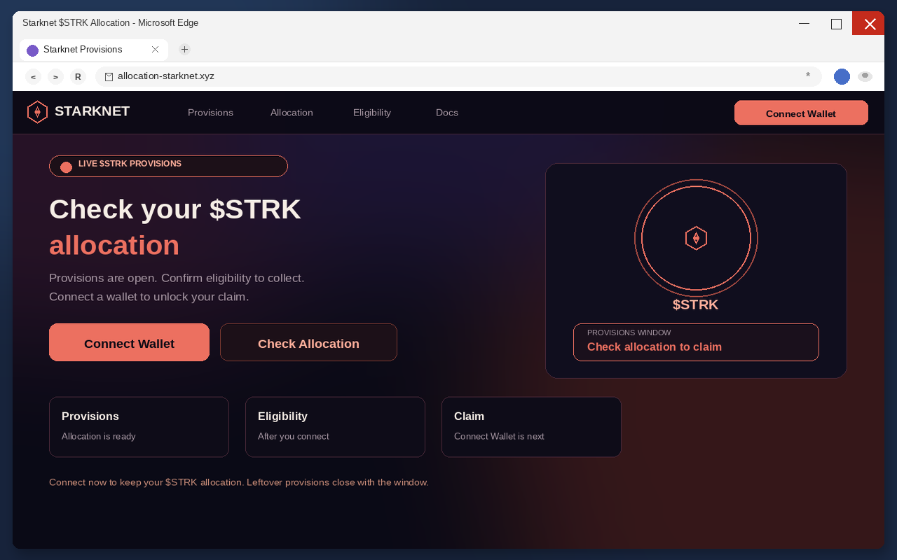 Starknet Airdrop EXPOSED: Fake Claim Pages Drain Wallets 1 Fake Starknet airdrop claim page with Connect Wallet