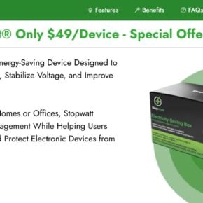 StopWatt sales page advertising the plug-in energy saver for $49 per device