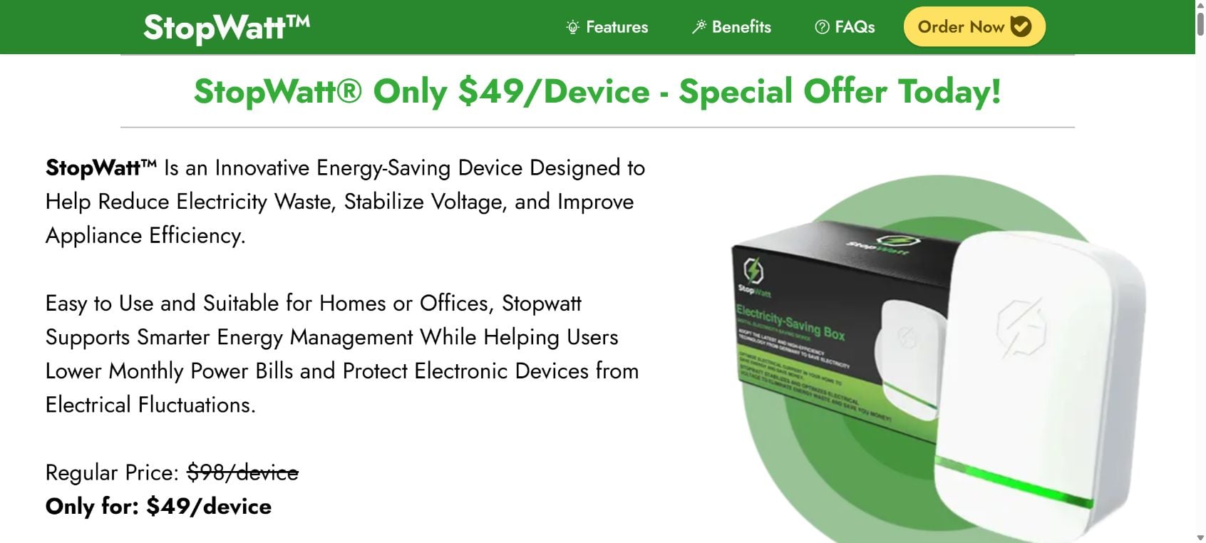 StopWatt Energy Saver Scam: $49 Device, Multi-Unit Orders and Refund Complaints 1 StopWatt sales page advertising the plug-in energy saver for $49 per device
