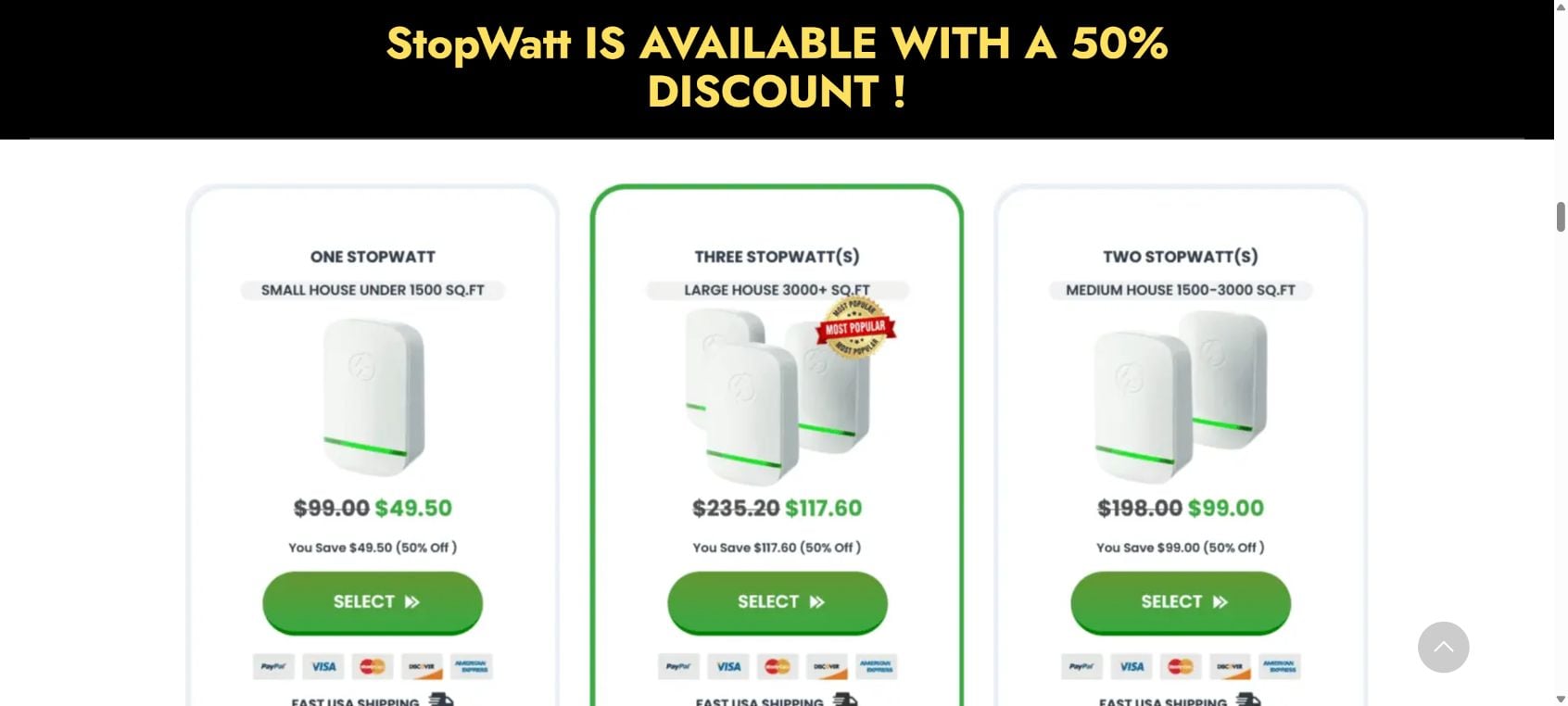 StopWatt Energy Saver Scam: $49 Device, Multi-Unit Orders and Refund Complaints 2 StopWatt sales page offering one two or three energy saver devices