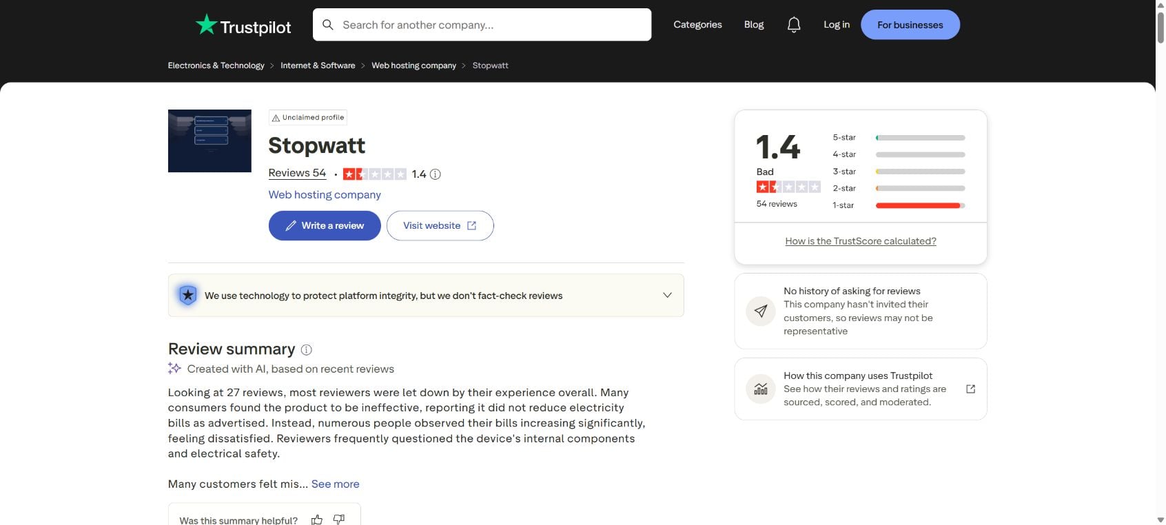 StopWatt Energy Saver Scam: $49 Device, Multi-Unit Orders and Refund Complaints 3 Stopwatt Trustpilot profile showing a 1.4 rating from 54 reviews
