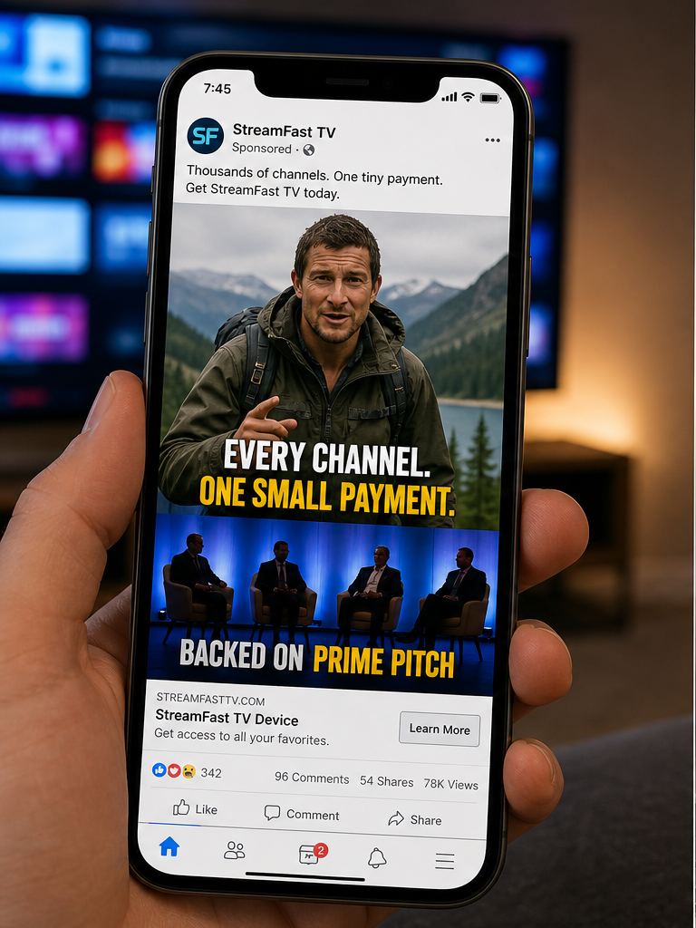 Bear Grylls Streaming Device Scam: Fake Free TV Ad 1 Reconstruction of a celebrity free streaming device social media advertisement