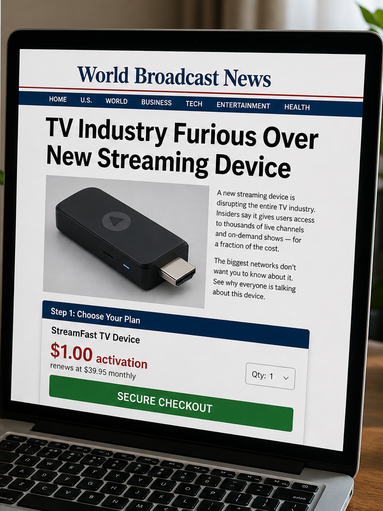Bear Grylls Streaming Device Scam: Fake Free TV Ad 2 Reconstruction of a fake news streaming device advertorial and subscription checkout