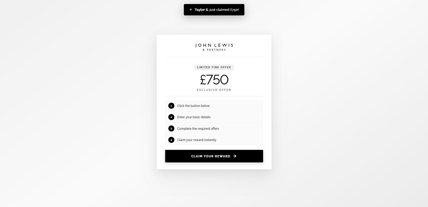 StudentSavingsHub Scam: The Fake £750 Reward Funnel 1 StudentSavingsHub page offering a £750 John Lewis reward with a claim notification