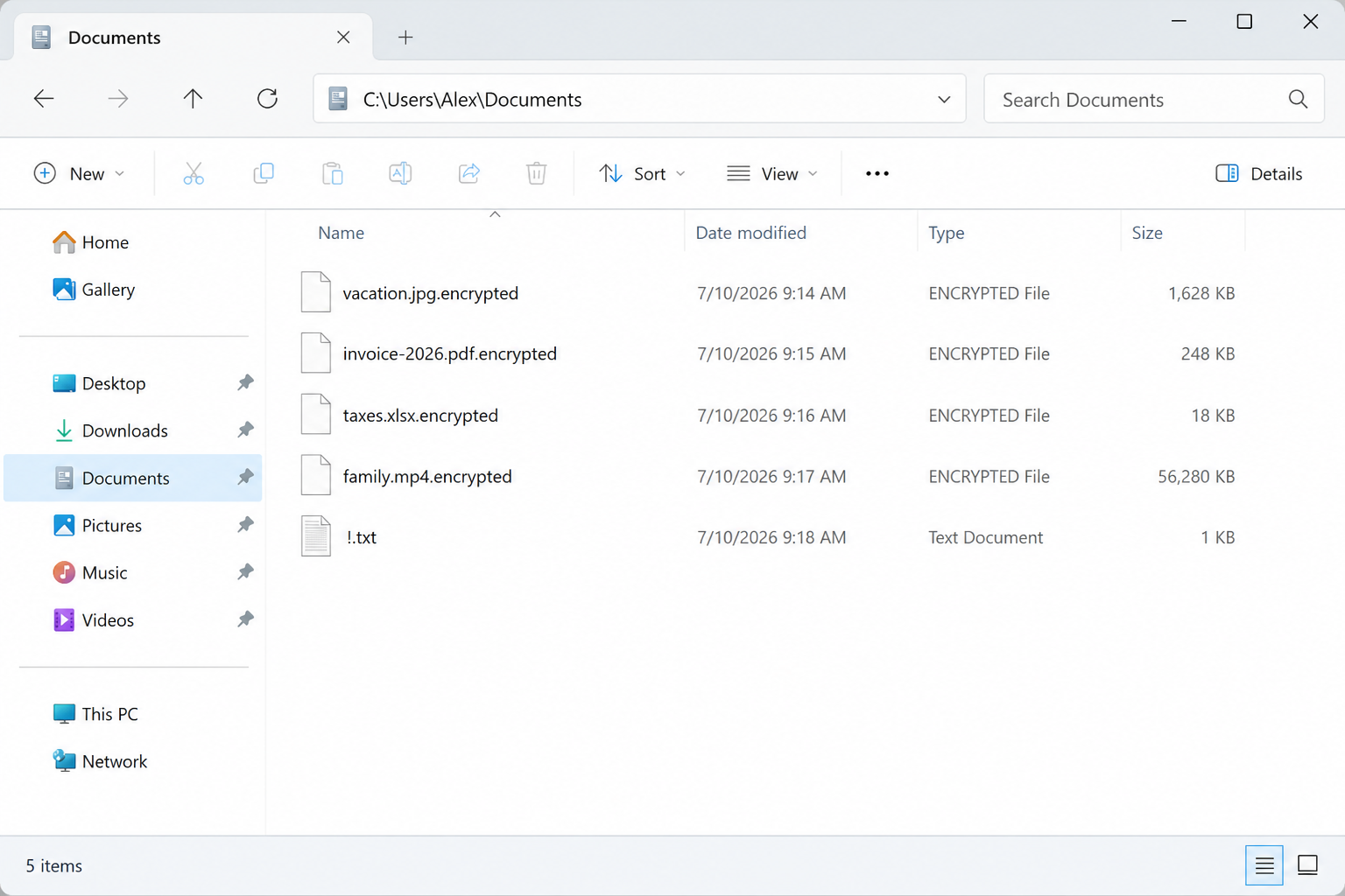 Encrypted files after SUCKS 2 SUCK. The .encrypted names and !.txt are the tell.