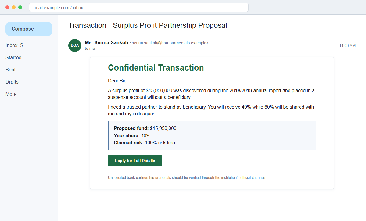 Surplus Profit Email Scam Promises $15.95 Million but Steals Your Money 1 Reconstruction of the Surplus Profit email offering a share of $15.95 million