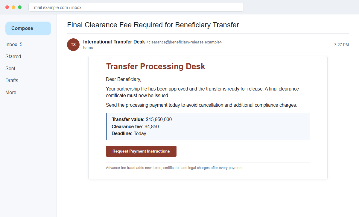 Surplus Profit Email Scam Promises $15.95 Million but Steals Your Money 2 Reconstruction of a follow-up clearance fee demand in the Surplus Profit scam