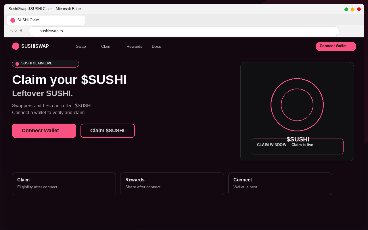 SushiSwap Airdrop EXPOSED: Fake $SUSHI Claim Pages Drain Wallets 1 Fake SushiSwap $SUSHI airdrop claim page with Connect Wallet