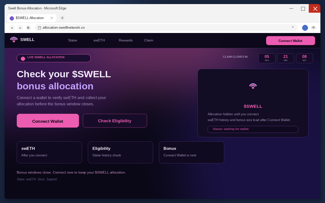 Swell Airdrop EXPOSED: Fake $SWELL Claim Pages Drain Wallets 1 Fake Swell airdrop claim page with Connect Wallet