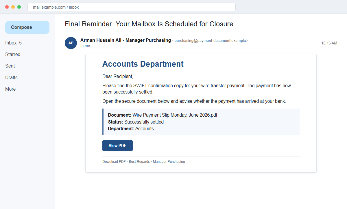 Reconstruction of the SWIFT Confirmation Copy phishing email