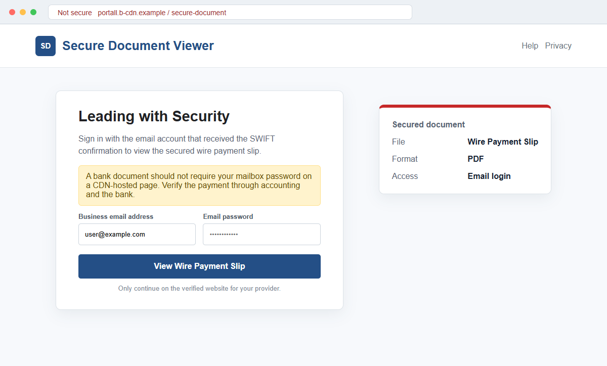 Reconstruction of the fake secure document login used to steal email credentials