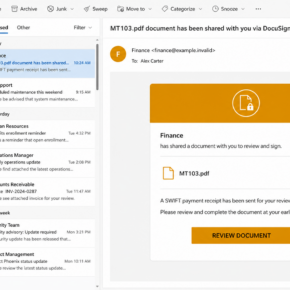 Reconstructed SWIFT MT103 DocuSign phishing email