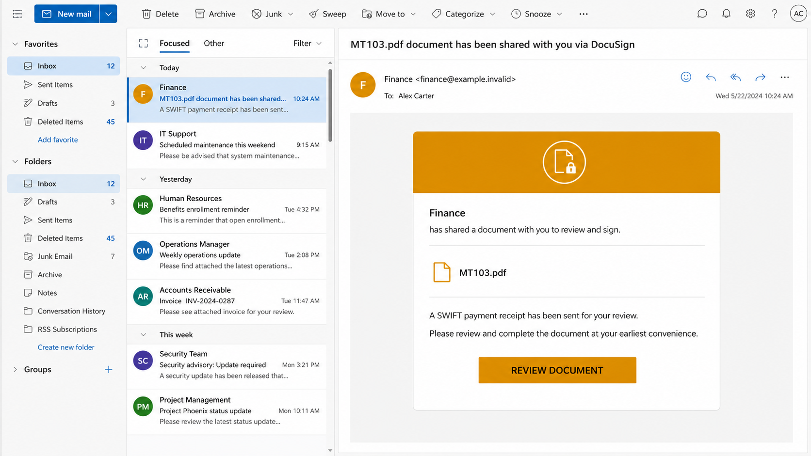 Reconstructed SWIFT MT103 DocuSign phishing email