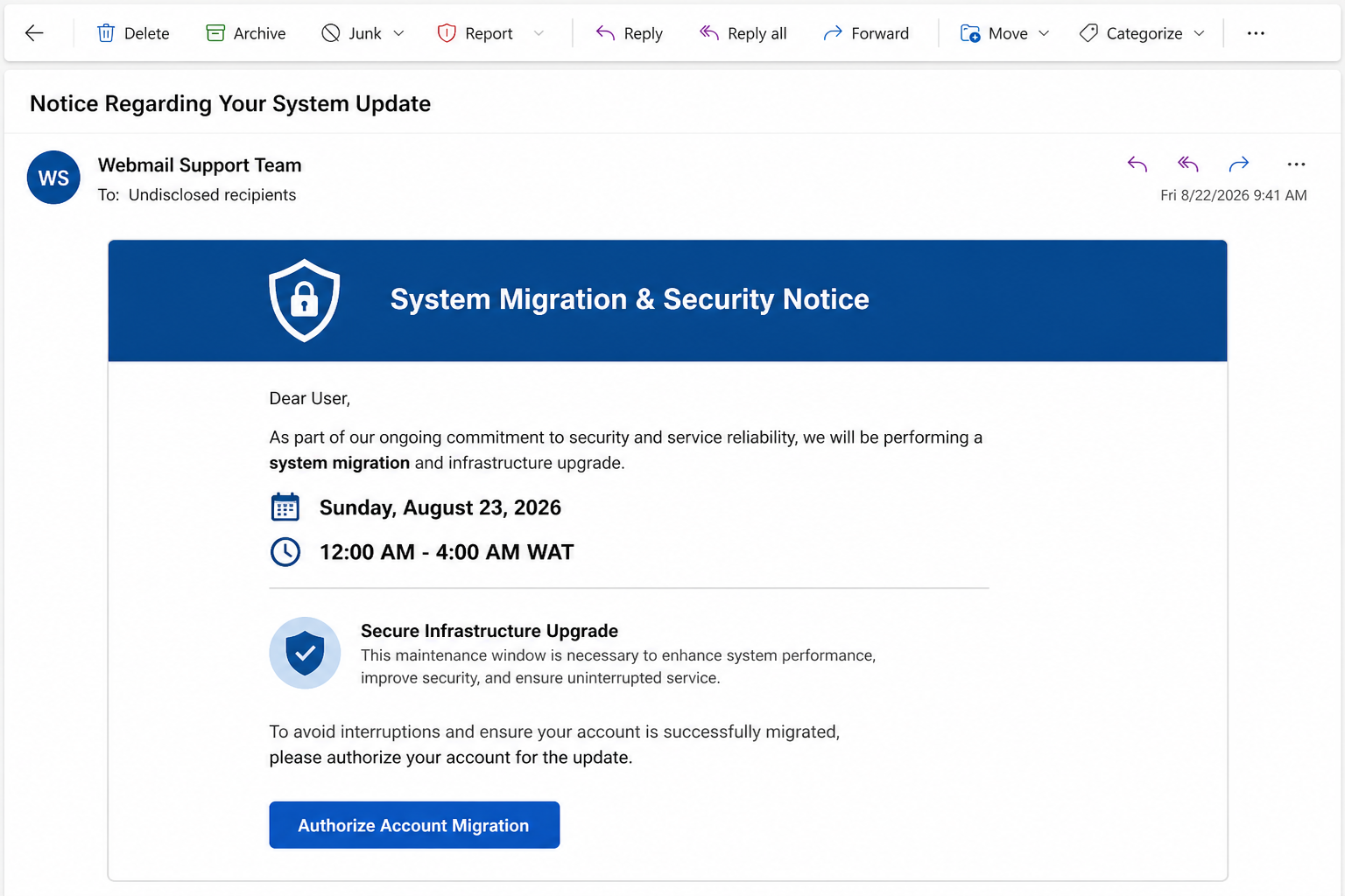 Reconstruction of a System Migration Security Notice phishing email