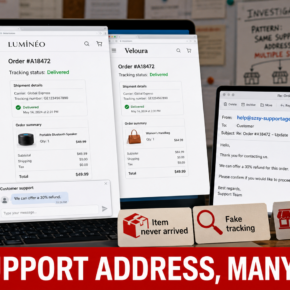 Online shopping scam network using help@szsy-supportagent.info across multiple stores